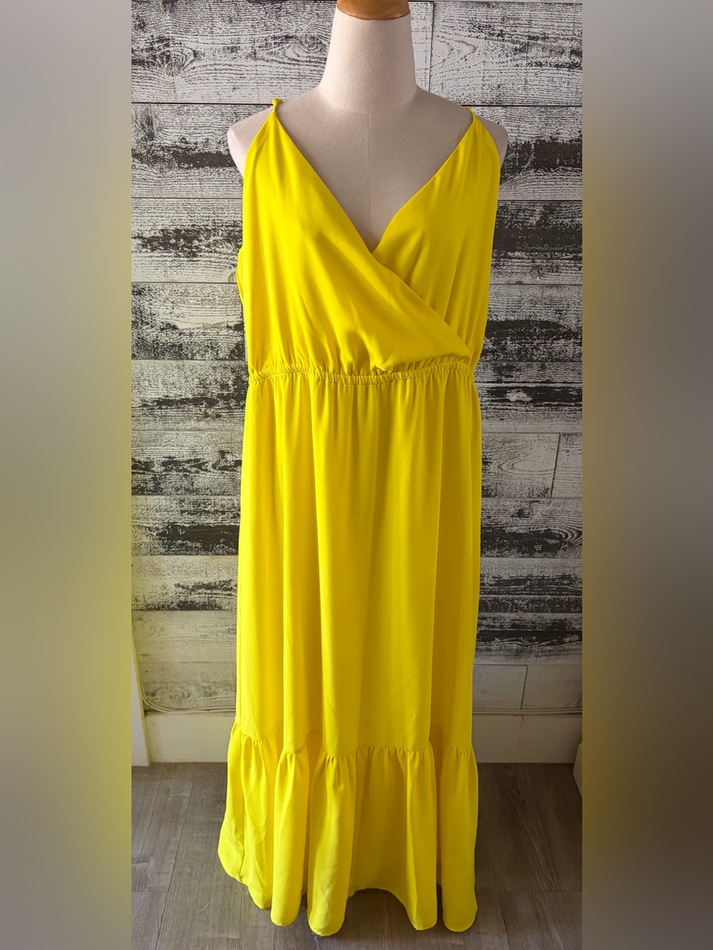 Express bold yellow long dress with adjustable spaghetti straps